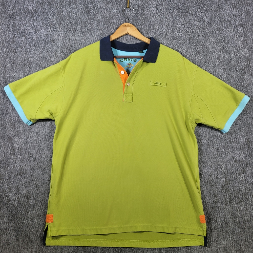 Orvis Signature Polo Shirt Mens Large Green Heavy Cotton Contrast Trim Fishing